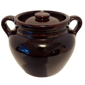 Bean Pot Brown Stoneware Ceramic Glazed 2 Handle Ovenproof w/Lid Antique Prim